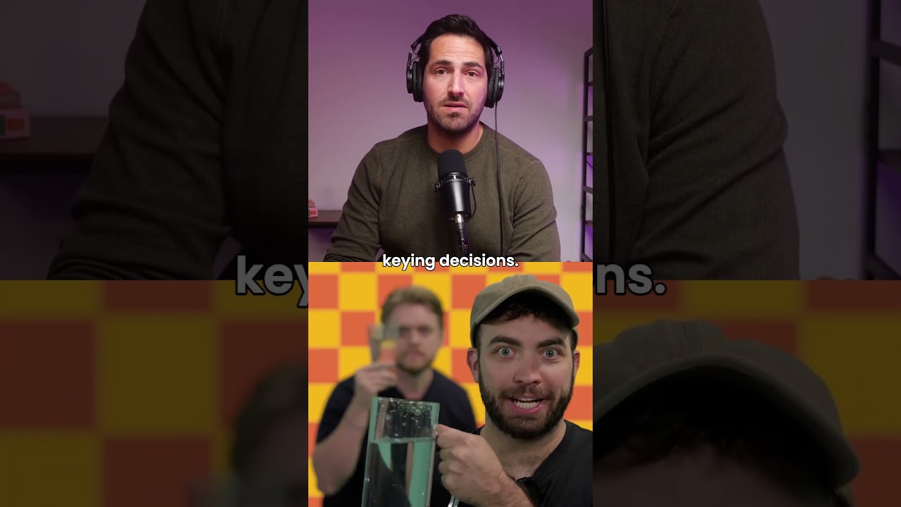 Split frame: a man in headphones at a microphone above two men by an orange-yellow checkered wall, one holding a water glass; caption 'keying decisions.'