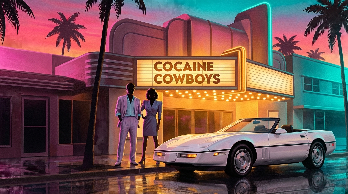 Illustration of a couple in pastel suits beside a white convertible outside an art deco theater whose marquee reads COCAINE COWBOYS, under palm trees at dusk
