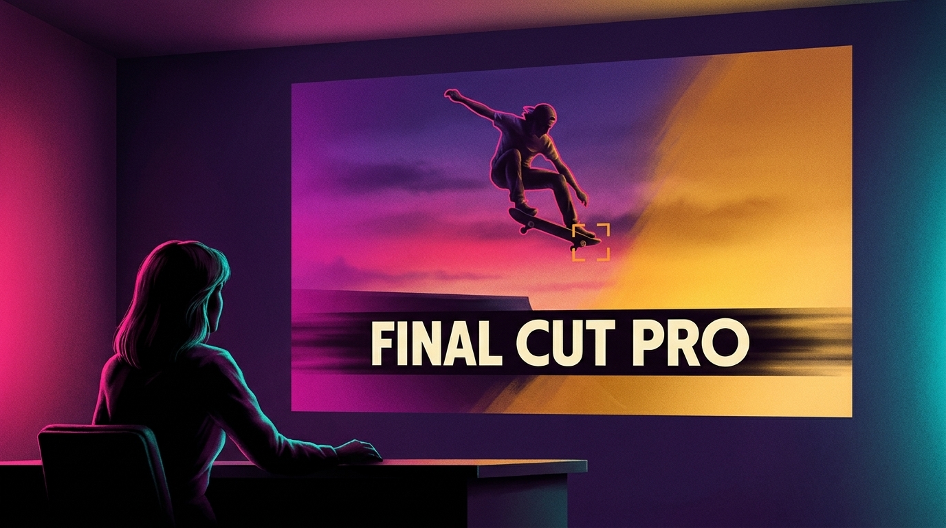 A woman at a desk watches a wall projection of a skateboarder mid-jump, split magenta and gold, with a title bar reading 'FINAL CUT PRO'.