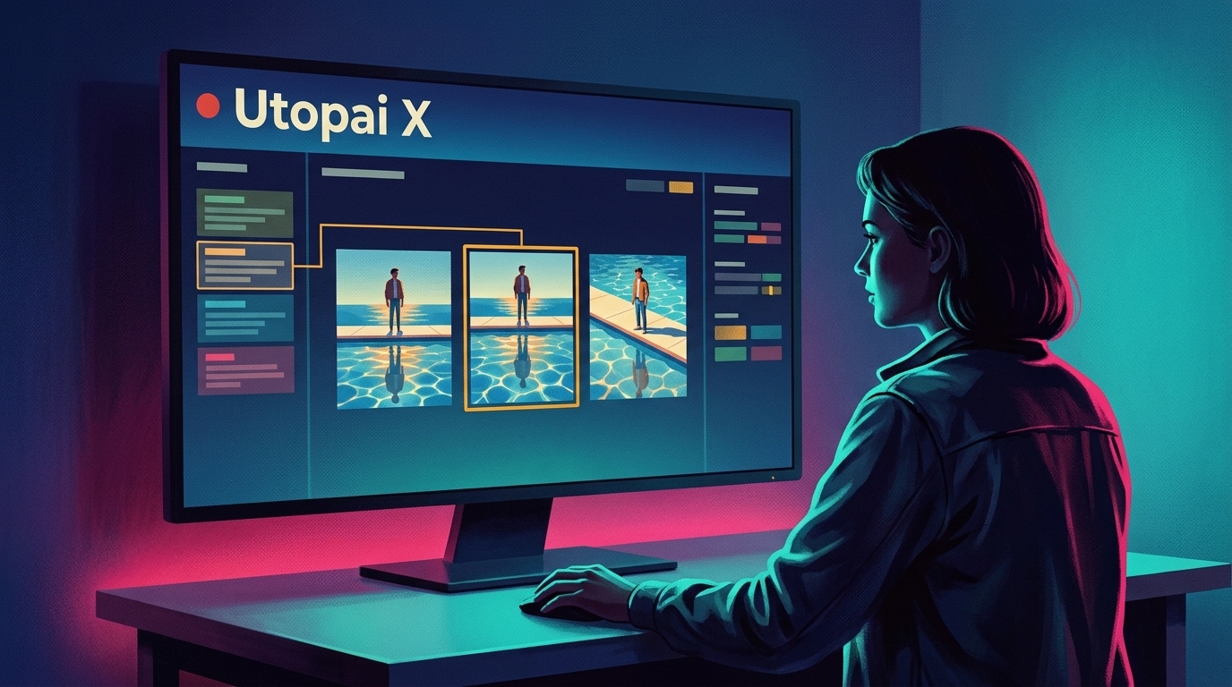 Illustration of a woman at a desk viewing a monitor labeled Utopai X, showing script panels linked to three frames of a man standing by a pool