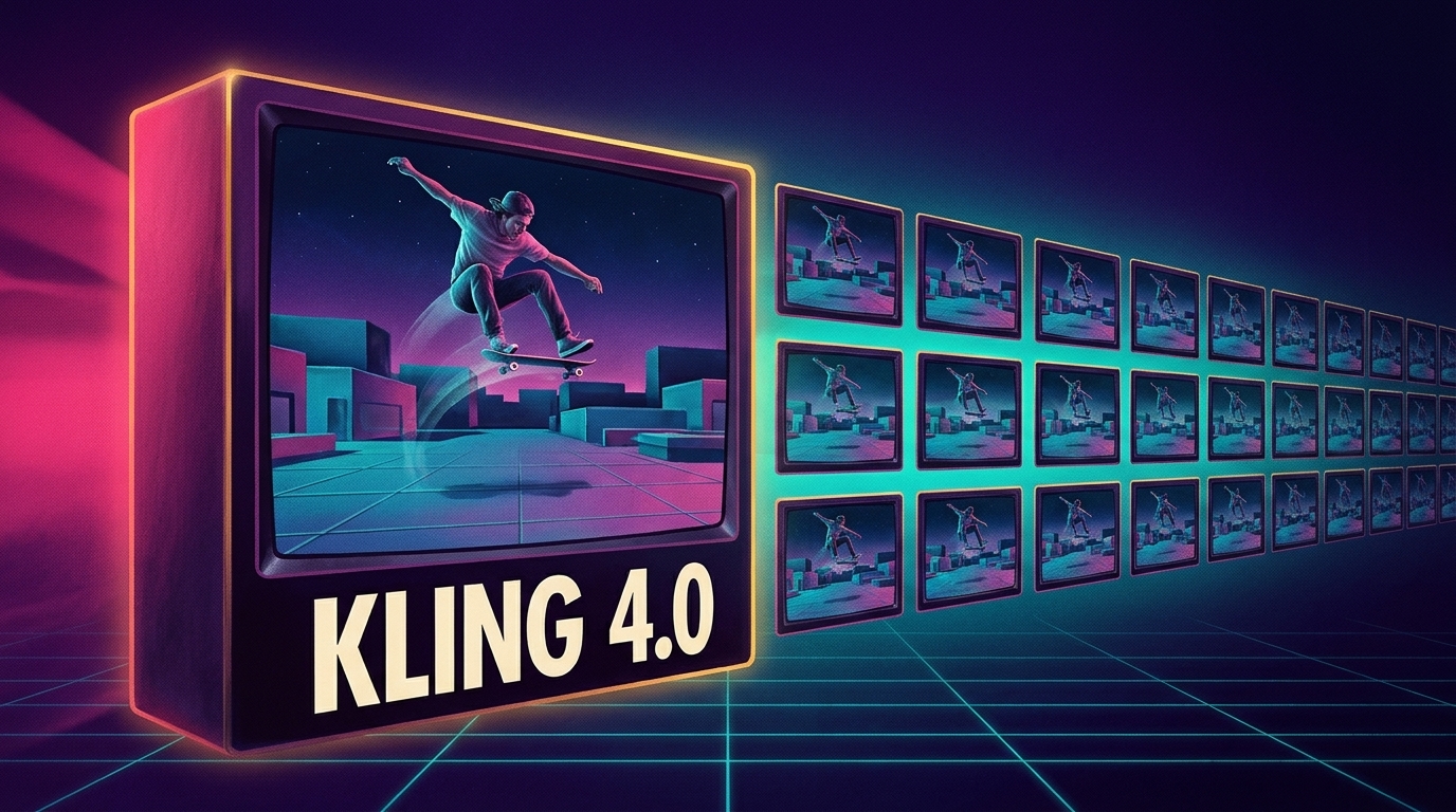 Retro TV labeled KLING 4.0 shows a skateboarder mid-jump, beside rows of smaller screens repeating the frame on a neon grid backdrop