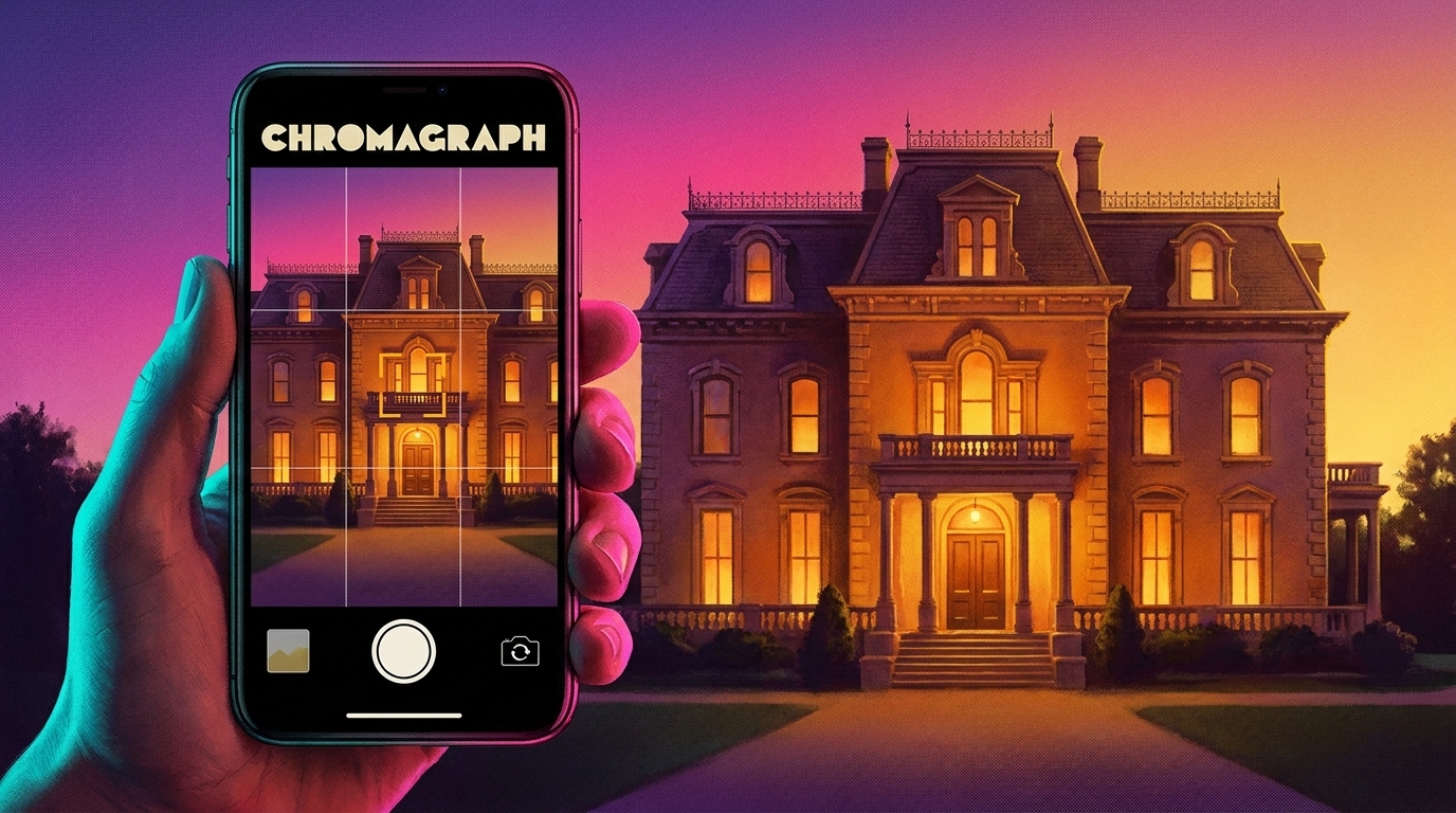 A hand holds up a phone whose camera app, labeled CHROMAGRAPH, frames a grand mansion with glowing windows at dusk.